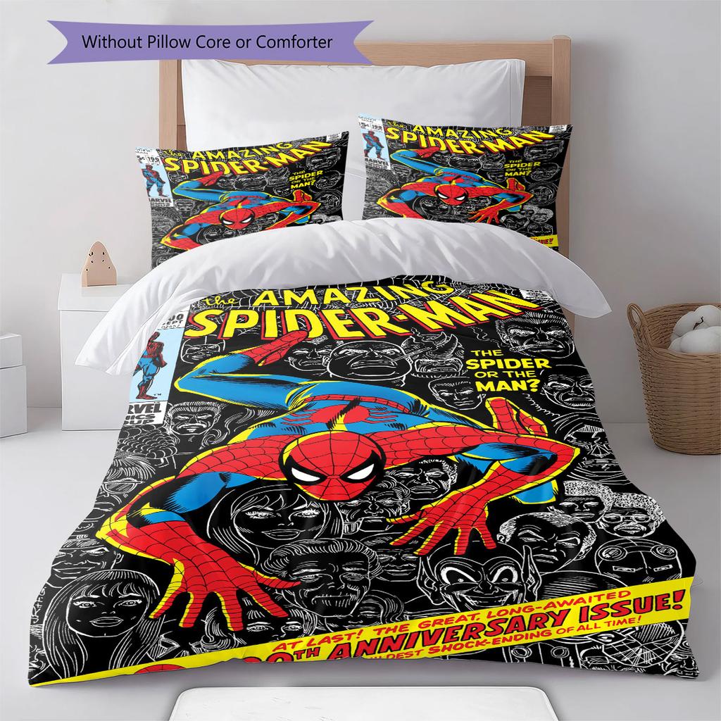 Superhero Series Spider-Man Cartoon Pattern Bedroom Three-piece Duvet Cover Bedding Set for Children.