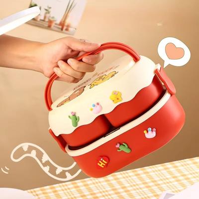 1600ml Cartoon Double Layer Lunch Box Healthy Material with Cutlery Set Food Box Microwave Oven Large Capacity