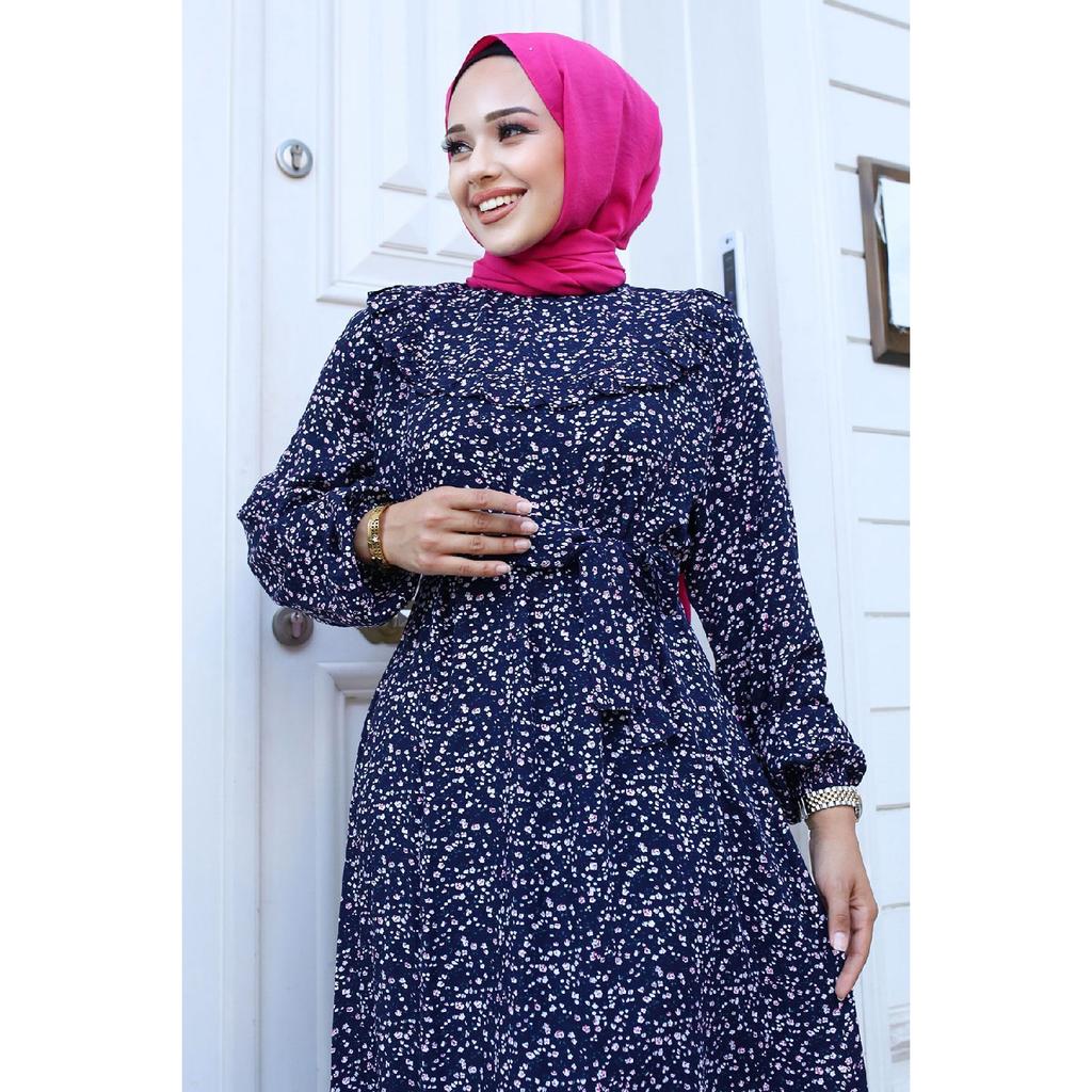 Ruffle Detailed Floral Viscose Dress Tsd240614 Black