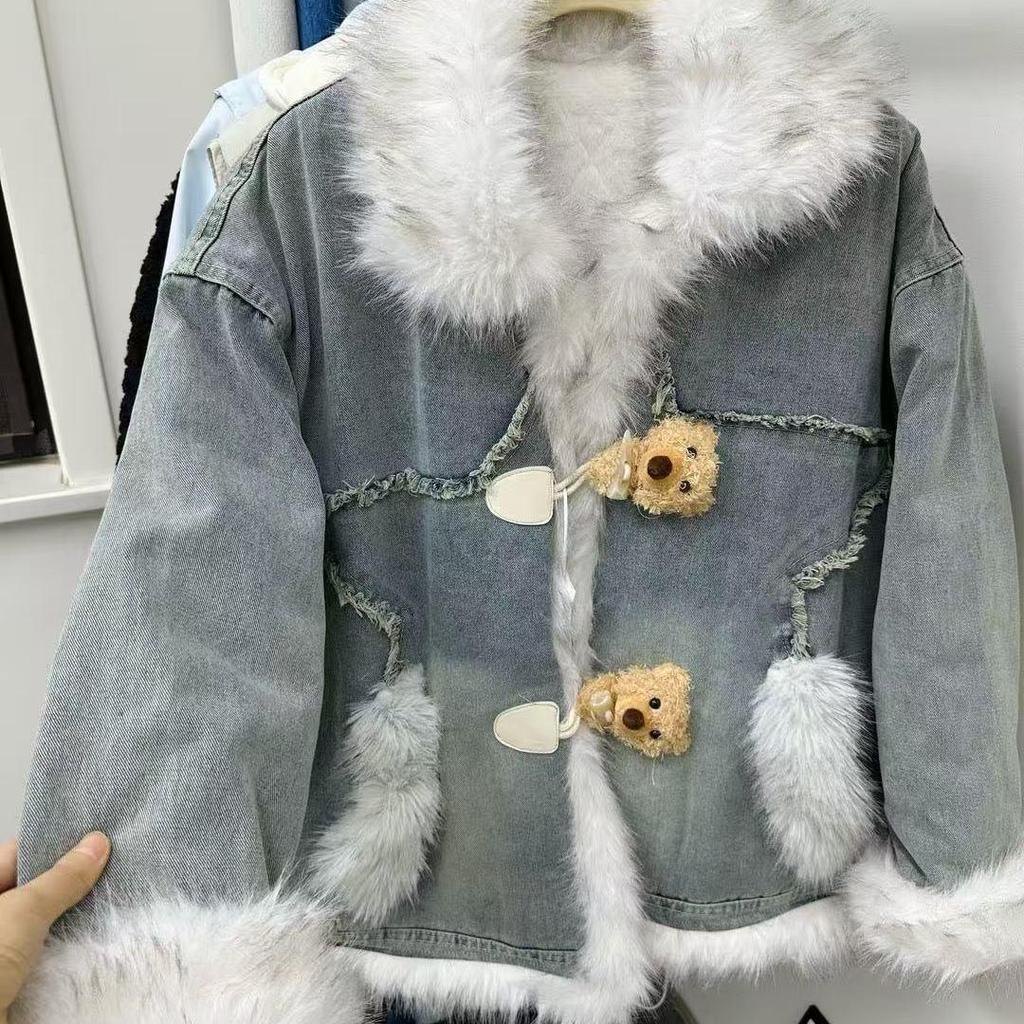 Damen Fuzzy Retro Denimjacke - Winter 2025 Street Style, Kurz & Verdickt mit Baumwollpolsterung.