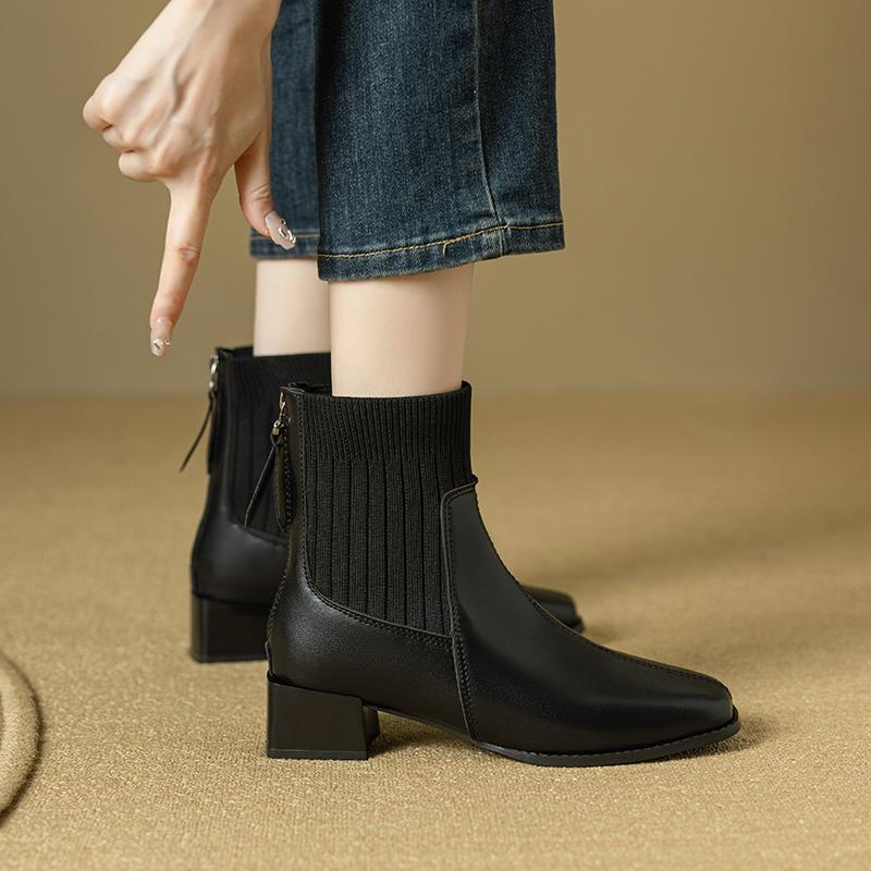 Autumn Winter Women Thick Heel Ankle Boots Fashion Leather Knitted Combination Shoes Square Toe Modern Short Botas Para Mujer