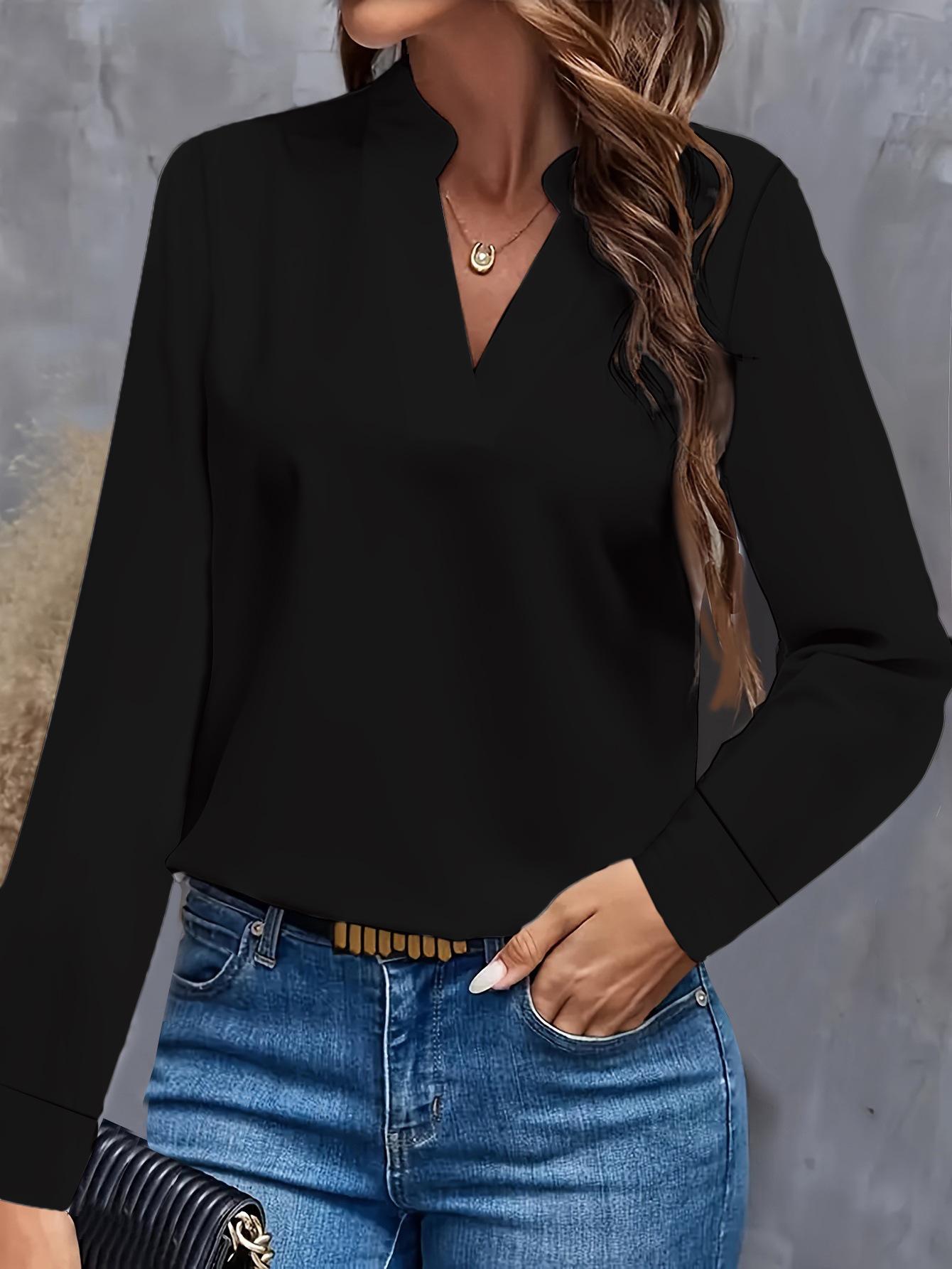 2025 Autumn Women s Casual V-Neck Solid Color Loose Shirt