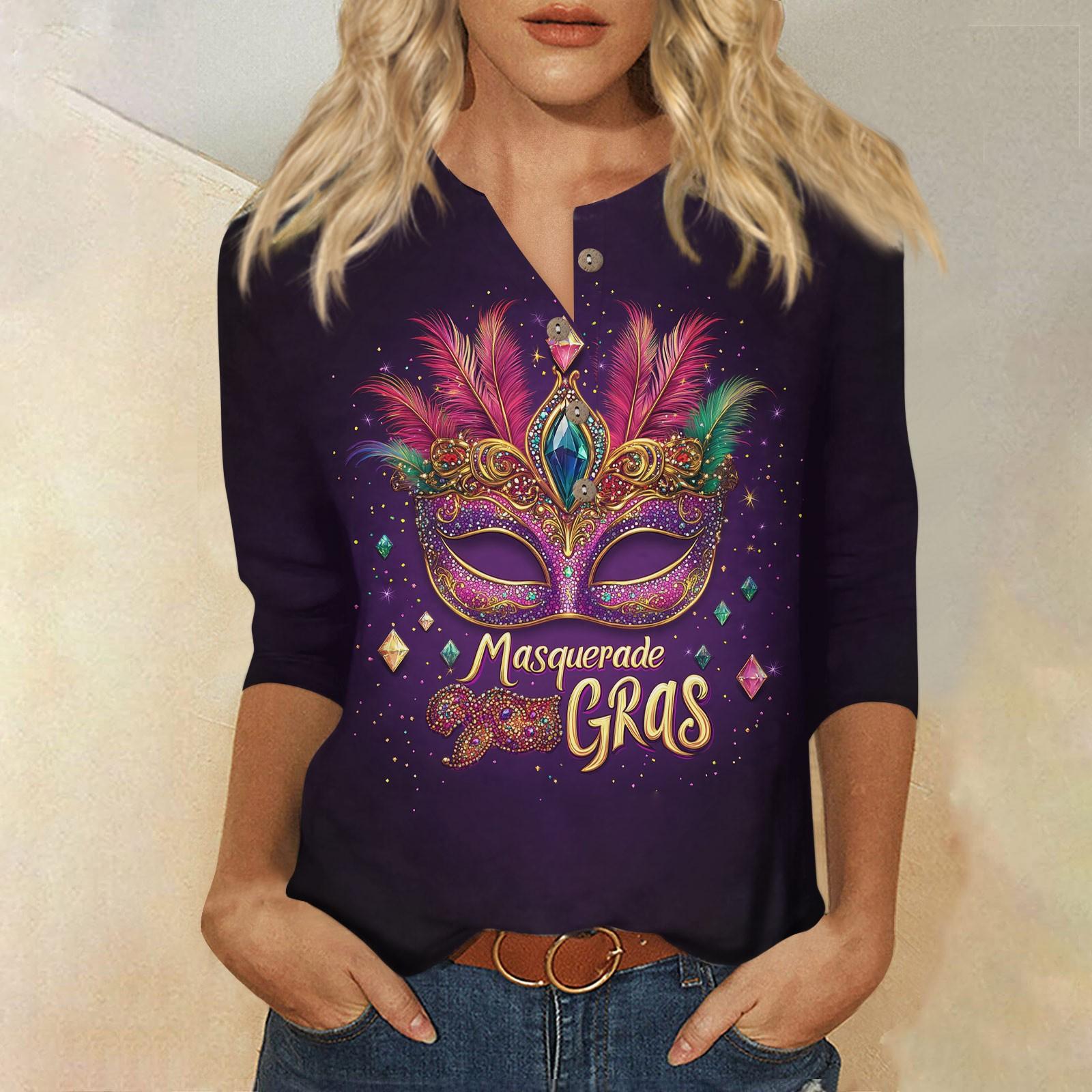 

Женская мода повседневная пуговица 3/4 рукав карнавальный принтованный ворот топ M