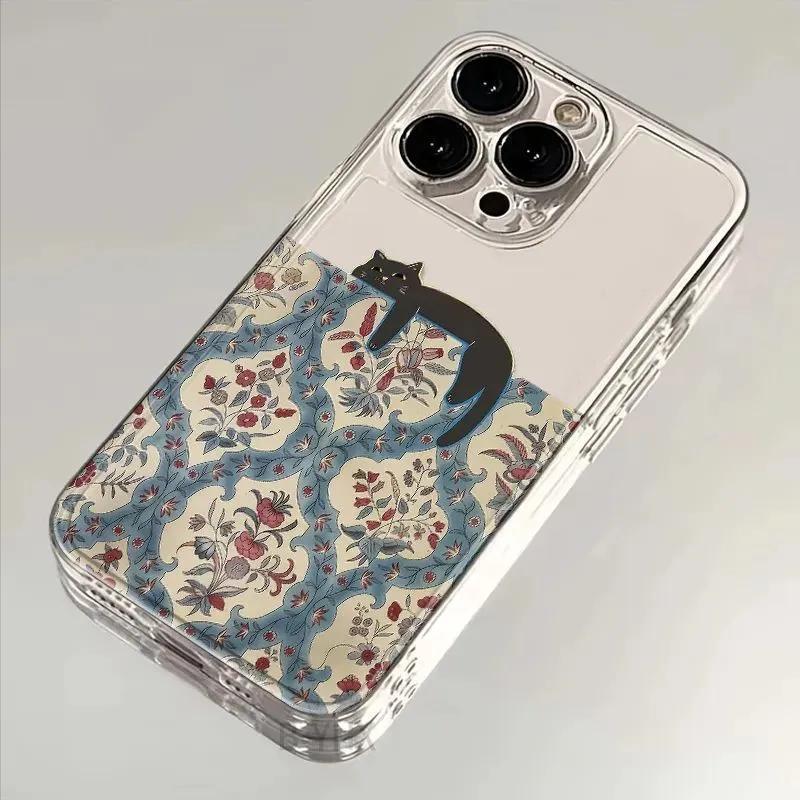 

Vintage Floral Lazy Black Cat Clear Phone Case for iPhone 17 16 15 14 13 12 11 16E Series Pro Max Plus Double Layer Protection iphone 13