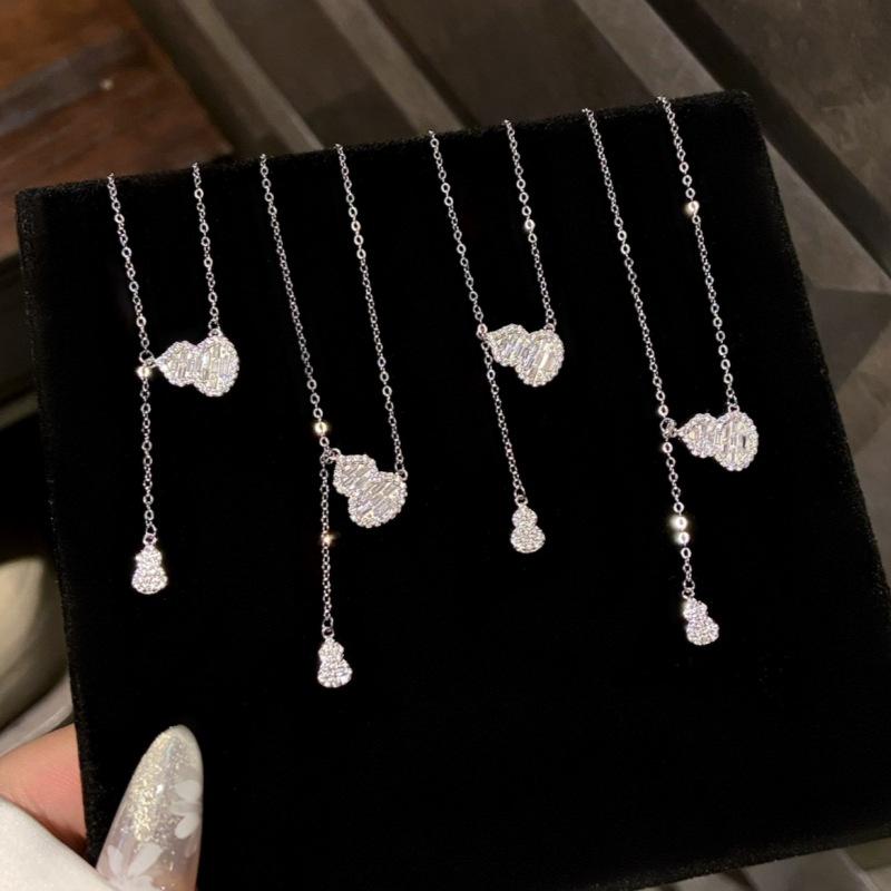 925 Silver Gourd Tassel Pendant Necklace Women Fashion Rhinestone Chain Autumn Winter