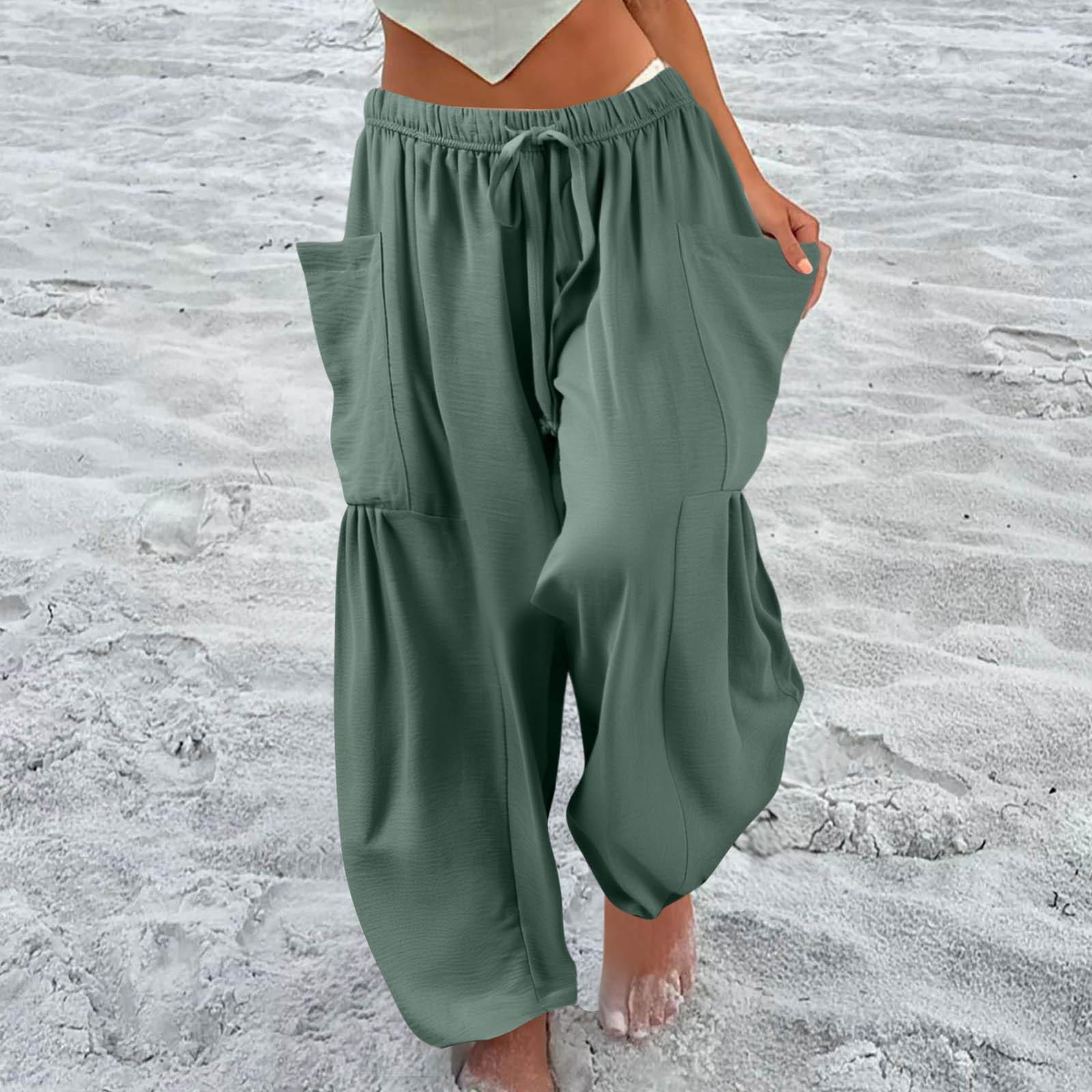 

Женские брюки больших размеров с широкими штанинами и средней талией, летние мешковатые брюки с карманами S зелёный