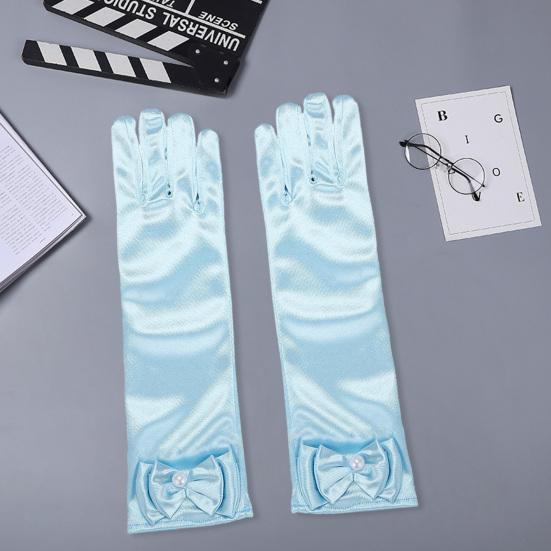 1 Pair Children Performance Gloves Faux Pearl Bow Decor Solid Color Full Fingers Satin Flower Girls Gloves Princess Style Cosplay Gloves