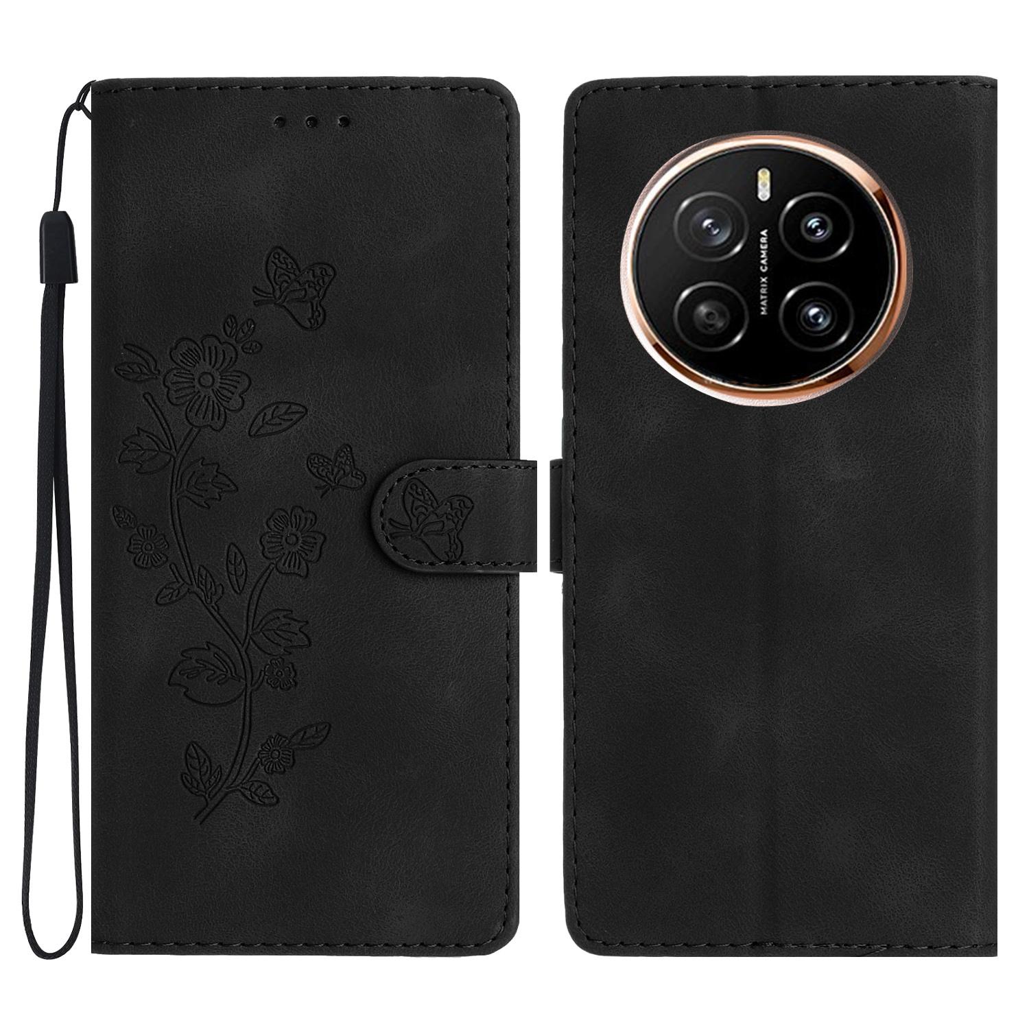 

For Honor Magic7 Pro 5G Case Leather Imprinted Flower Phone Cover Wallet with Wrist Strap Black