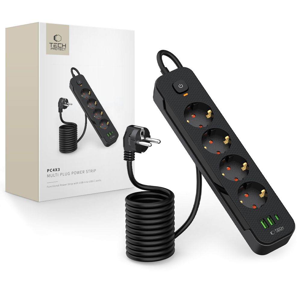 Tech-Protect Pcl4X3 Power Strip Long 2 Usb & 1 Type-C & 4 Socket 200Cm Black