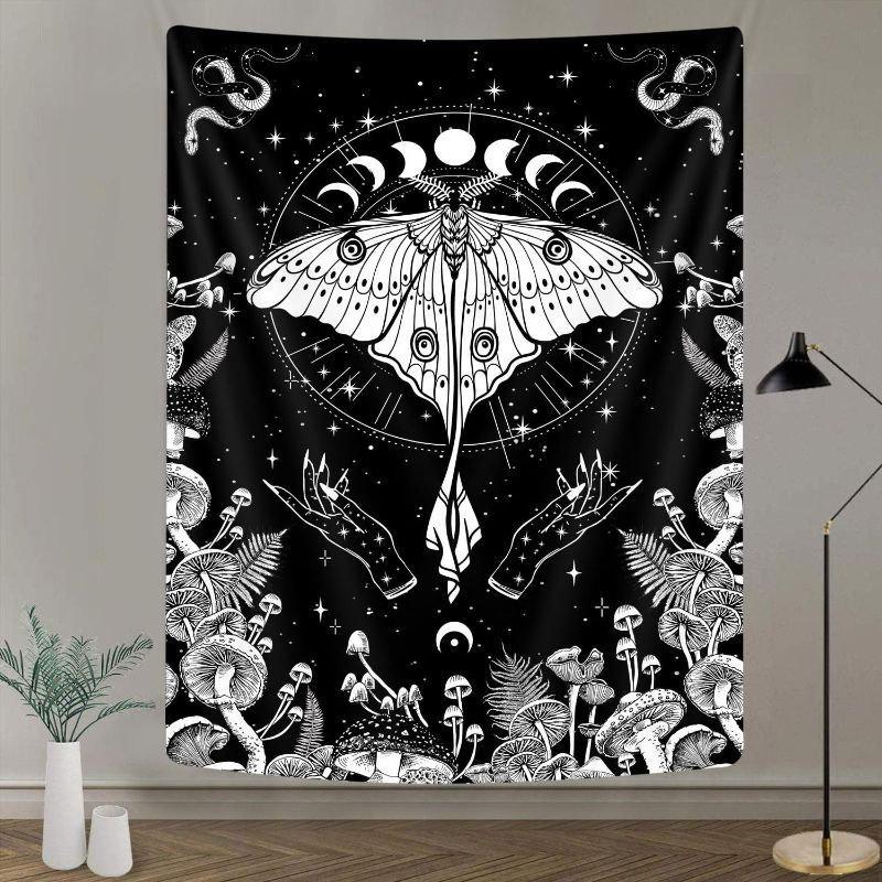 Gothic Tarot Death Black Cat Tapestry Wall Hanging Moon Phases Stars Witchy Occult Aesthetic Wall Art Bedroom Dorm Decor