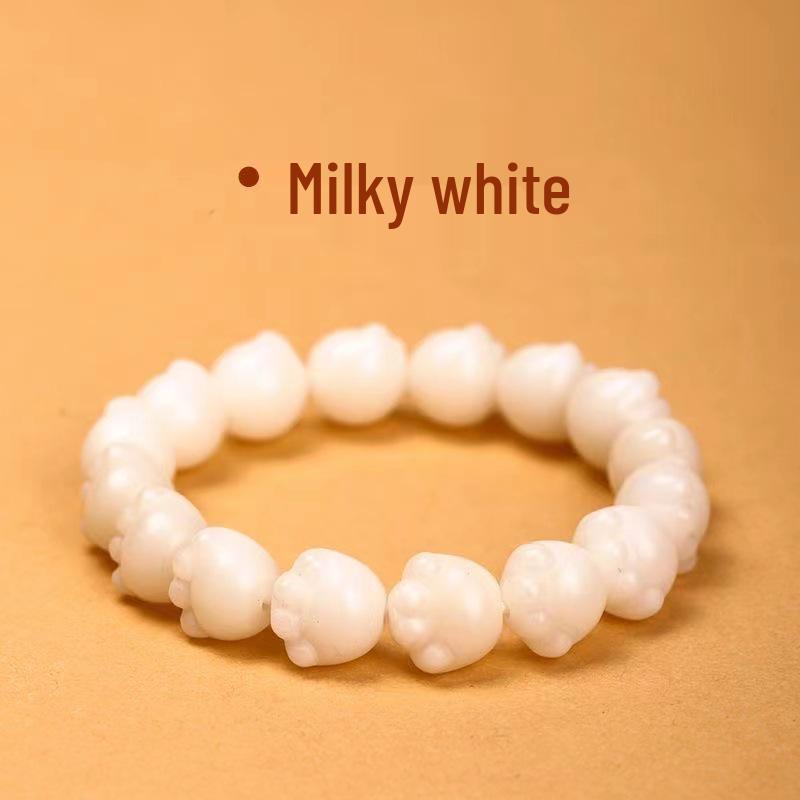 Women's Natural White Jade Charcoal-Grilled Bodhi Root Cat Paw Bracelet with Finger-Wrapped Prayer Beads