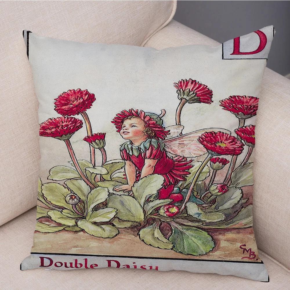 Vintage Floral Girl Pillowcase Decor Cute Cartoon Flower Elf Fairy Tale for Sofa Home Pillow Case Soft Plush Cushion Cover