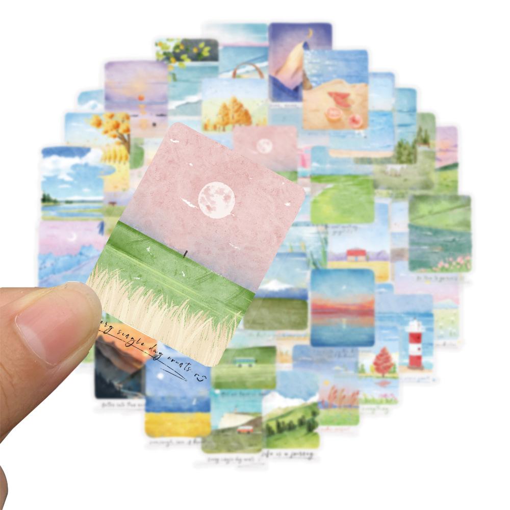 50 Pieces of Hand-drawn Style Outdoor Scenery PET Stickers for Luggage and Water Bottles, Creative Designs