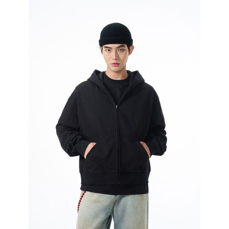 Kisko American Retro Pure Color Zipper Hooded Sweatshirt Spring & Fall Cleanfit Loose Short Loose Jacket for Men