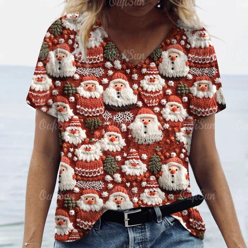 Tricou nou de Crăciun pentru femei 3D Moș Crăciun imprimeu tricouri cu mânecă scurtă cu decolteu în V, îmbrăcăminte de stradă supradimensionată, pulover Harajuku pentru femei