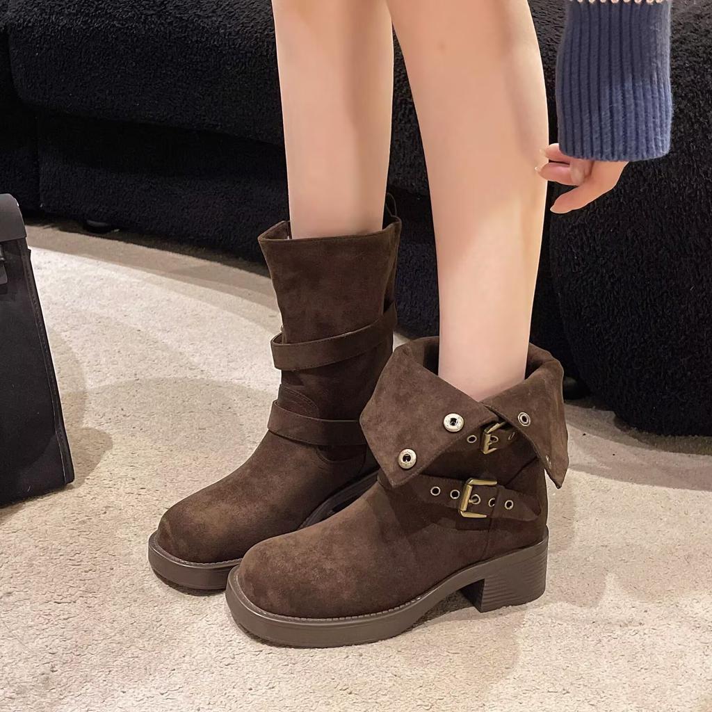Retro Suede Western Cowboy Boots Women's Autumn and Winter Medium Tube Thick Heel Two Wear Lapel Short Boots Women's Belt Buckle Martin Boots