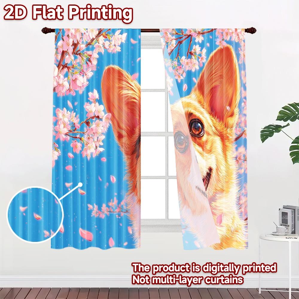 2D flat printing 2pcs Window Drapes Corgi Cherry Blossom Happiness Digital Printed Polyester Drapes Holiday Decorations for