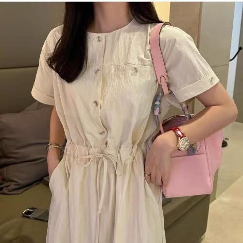 South Korea Dongdaemun summer new commuter fashion temperament round neck drawstring waist short sleeve dress women M абрикосовый