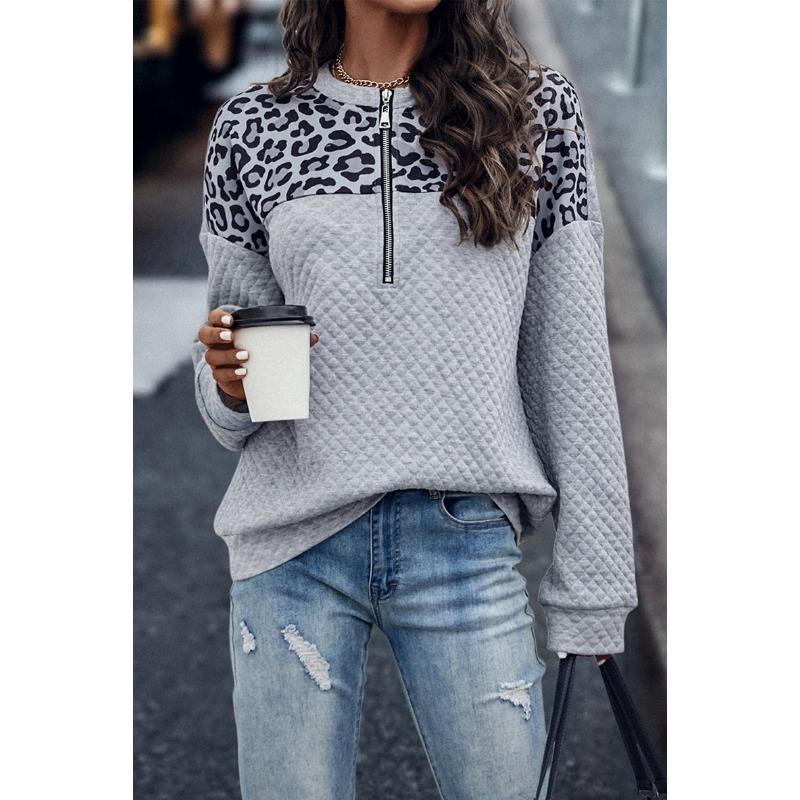 Automne et Hiver Sweat-shirt Zippé Femme Grande Taille Imprimé Léopard Épissure Décontracté Chaud Pull Haut Manches Longues