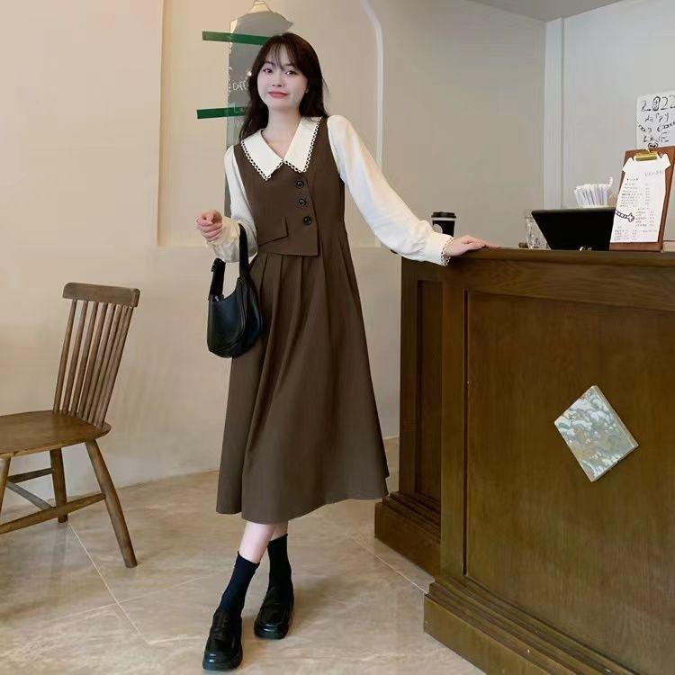 Doll Collar Vest Patchwork Fake Two Piece Dress Chubby Sister Looks Thin Artistic Style Long Skirt