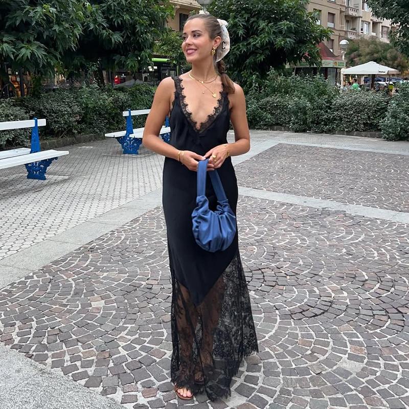 Elegante Spitze Lange Kleider Damen Satin V-Ausschnitt Spitze Patchwork Ärmellos Langes Kleid Locker Damen Abendkleider