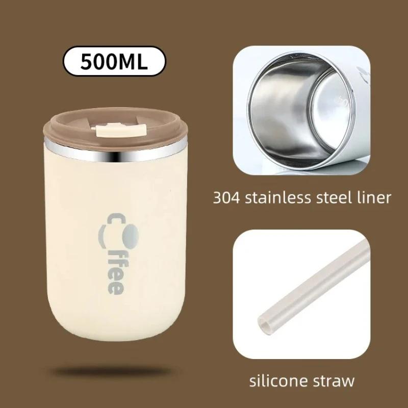 Stainless Steel Insulated Coffee Thermos Mug Leak Proof Double Wall Vacuum Travel Mug Tumbler Cup with Flip Lid Straw for Home