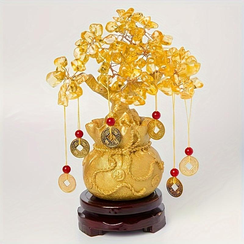Exquisite resin fortune tree with natural crystal leaves - Attracting Wealth and Prosperity Feng Shui Inspiration Home Decoration Unique Business Small yellow crystal mone