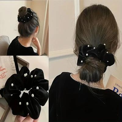New Velvet Hair Bands Pearls Beaded Soft Texture Large Intestine Hair Bands Large Size Hair Accessories Daily Use