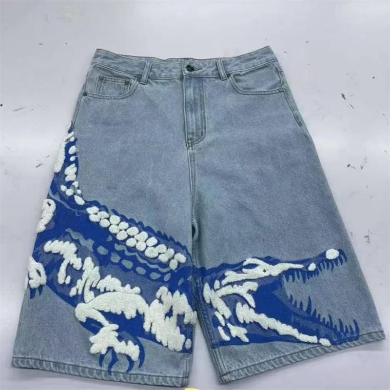 RogueWave Crocodile Embroidery Denim Shorts High Waist Loose Knee Length Trousers American Streetwear Jeans