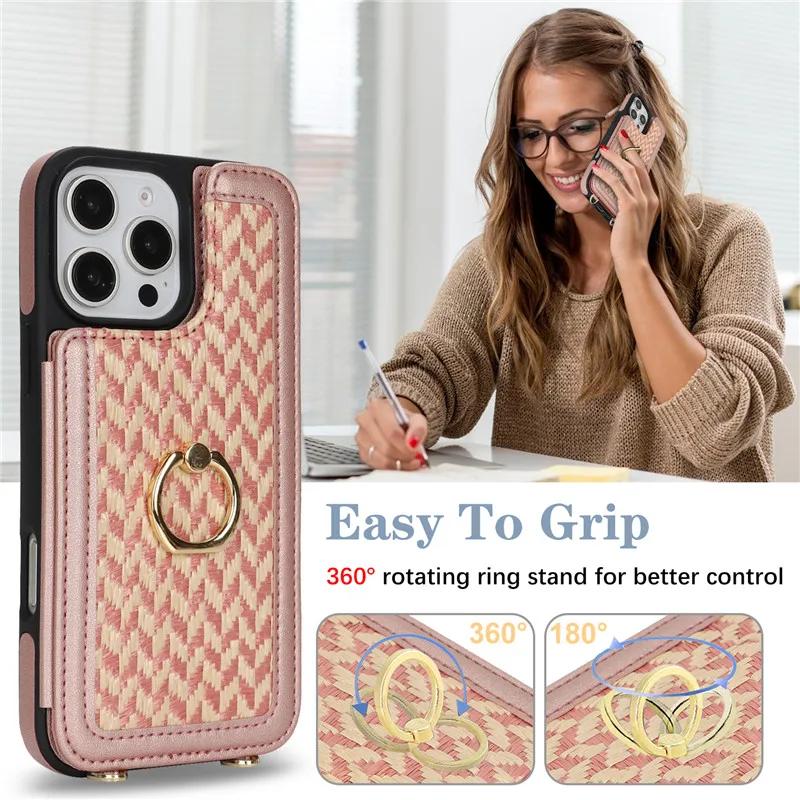Long Lanyard Leather Wallet Card Slot Phone Case for iPhone 16 Pro Max 15 14 Plus 13 12 11 SE 2026 XS XR X 8 7 Ring Flip Cover