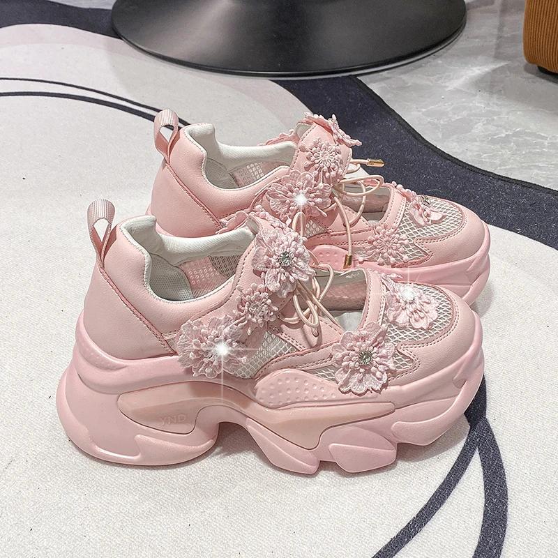 Fashion Women Platform Casual Breathable Crystal Flower Shoes Summer Chunky Sneakers 7.5CM Hidden Heels Hollow Leisure Shoes Woman