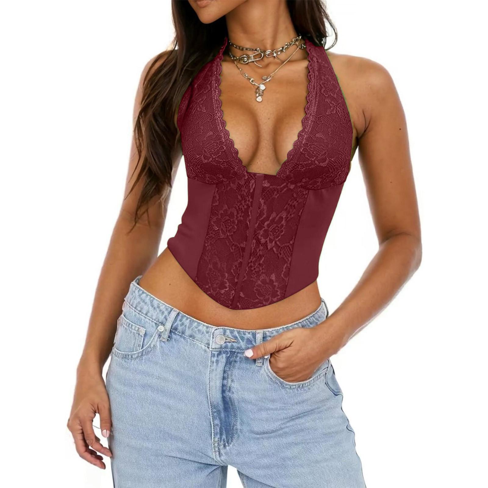 

Women s Deep V-neck Lace-up Vest Hollow Lace Fashionable Versatile Slim Fit Top M винний