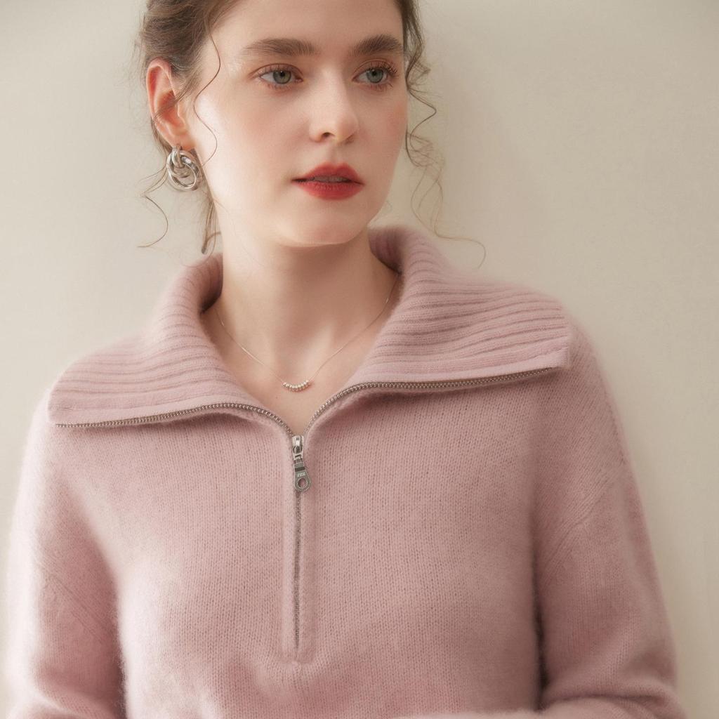 Women's Double-Strand Cashmere Half-Zip Hoodie: 2025 Autumn/Winter Collection.
