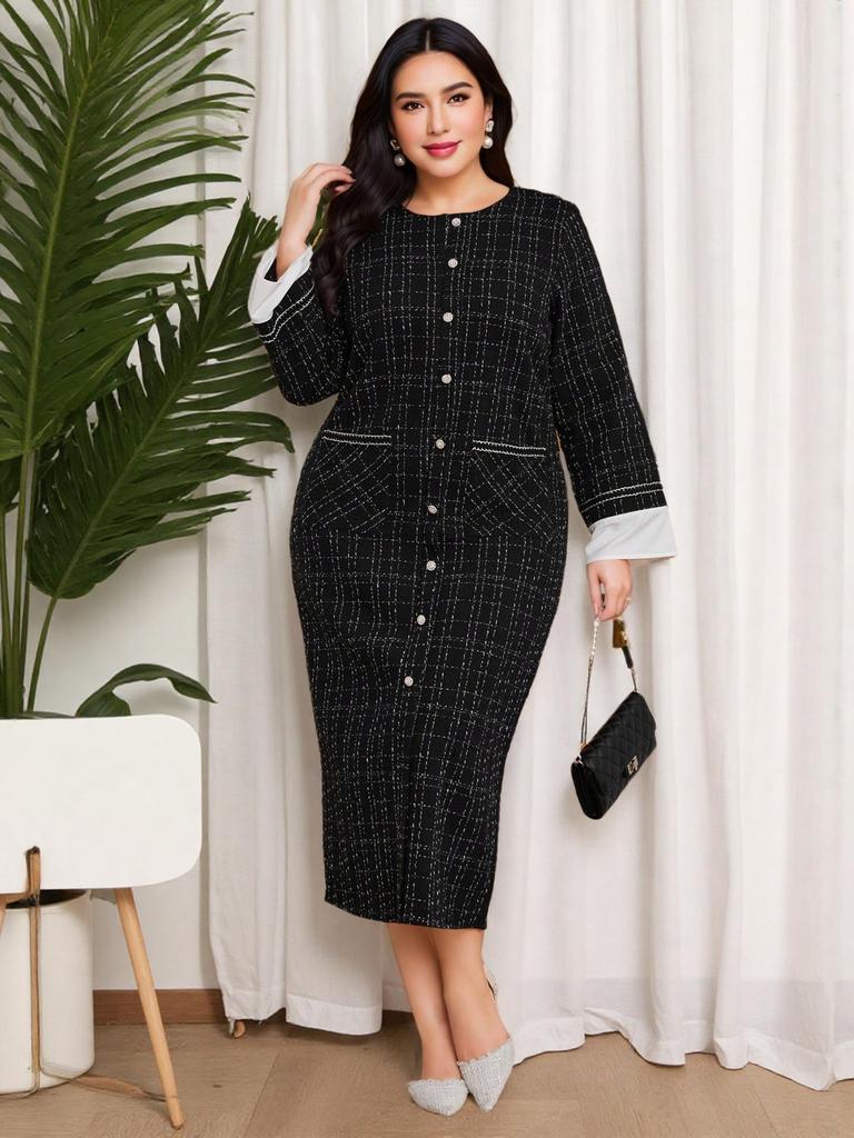 Middle East Houndstooth Long Sleeve Plus Size Round Neck Dress