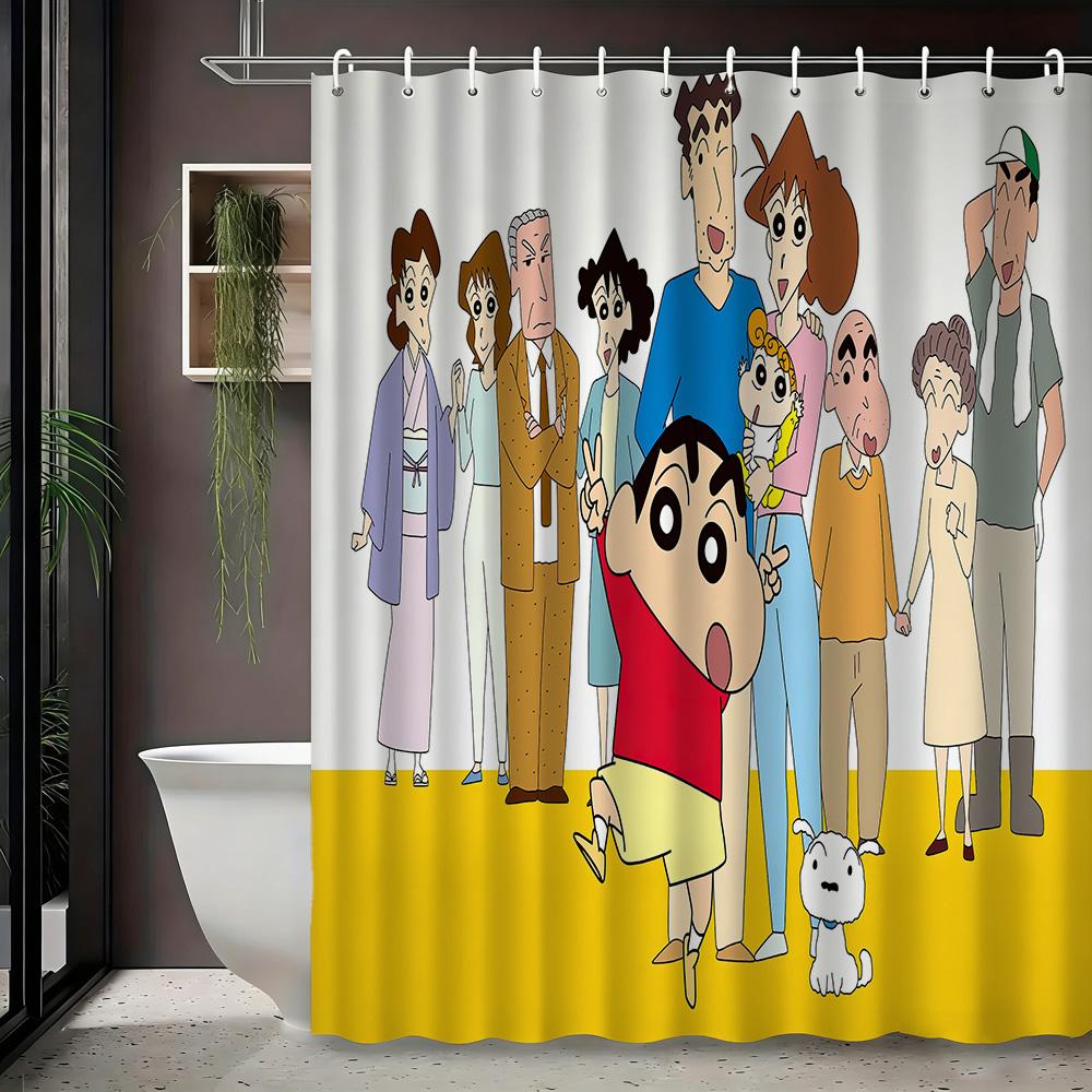 Crayon Shin-Chan & Friends School Uniform & Robot Statue Scene 2D Print Waterproof Shower Curtain, Blue & Yellow Bathroom Decor