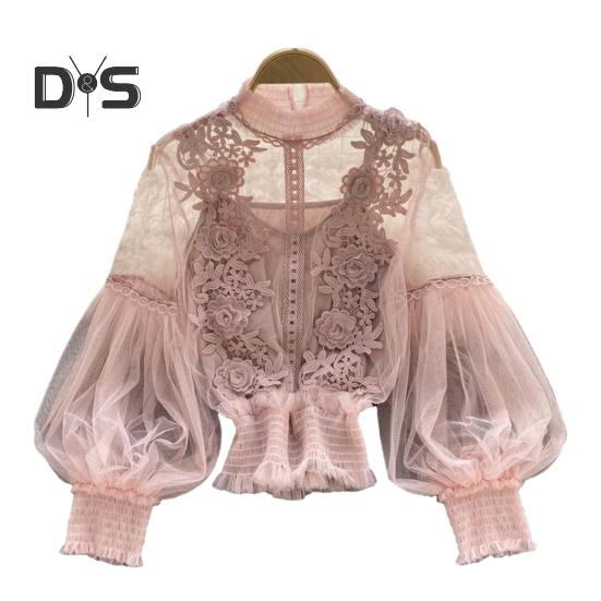 

Женская блузка для вечеринки с цветочной аппликацией, прозрачной сеткой, рукавами-фонариками, тонкими кружевными сборками, эластичными манжетами, круглым вырезом, женская блузка на весну и осень светло-розовый