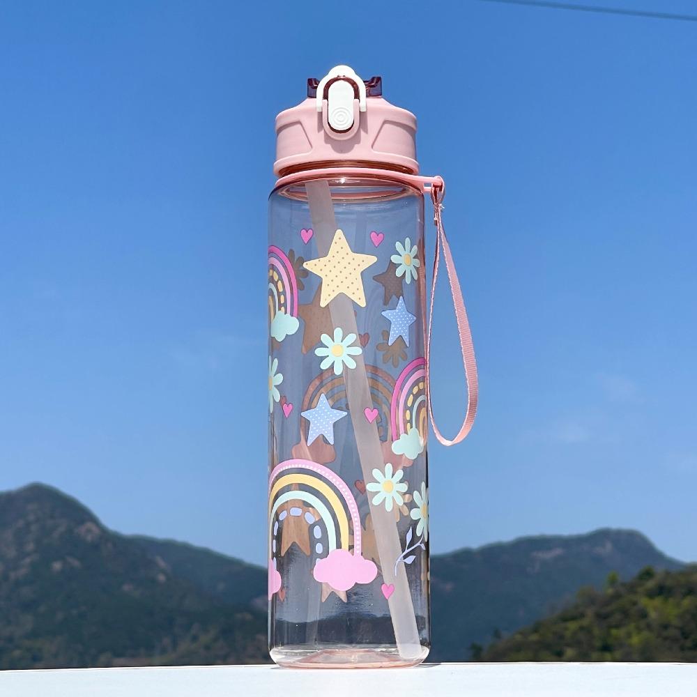 

Lifting Rope Children s Water Cup Leak-Proof Drink Cup Cartoon Straw Water Bottles Home Office 1# Rainbow