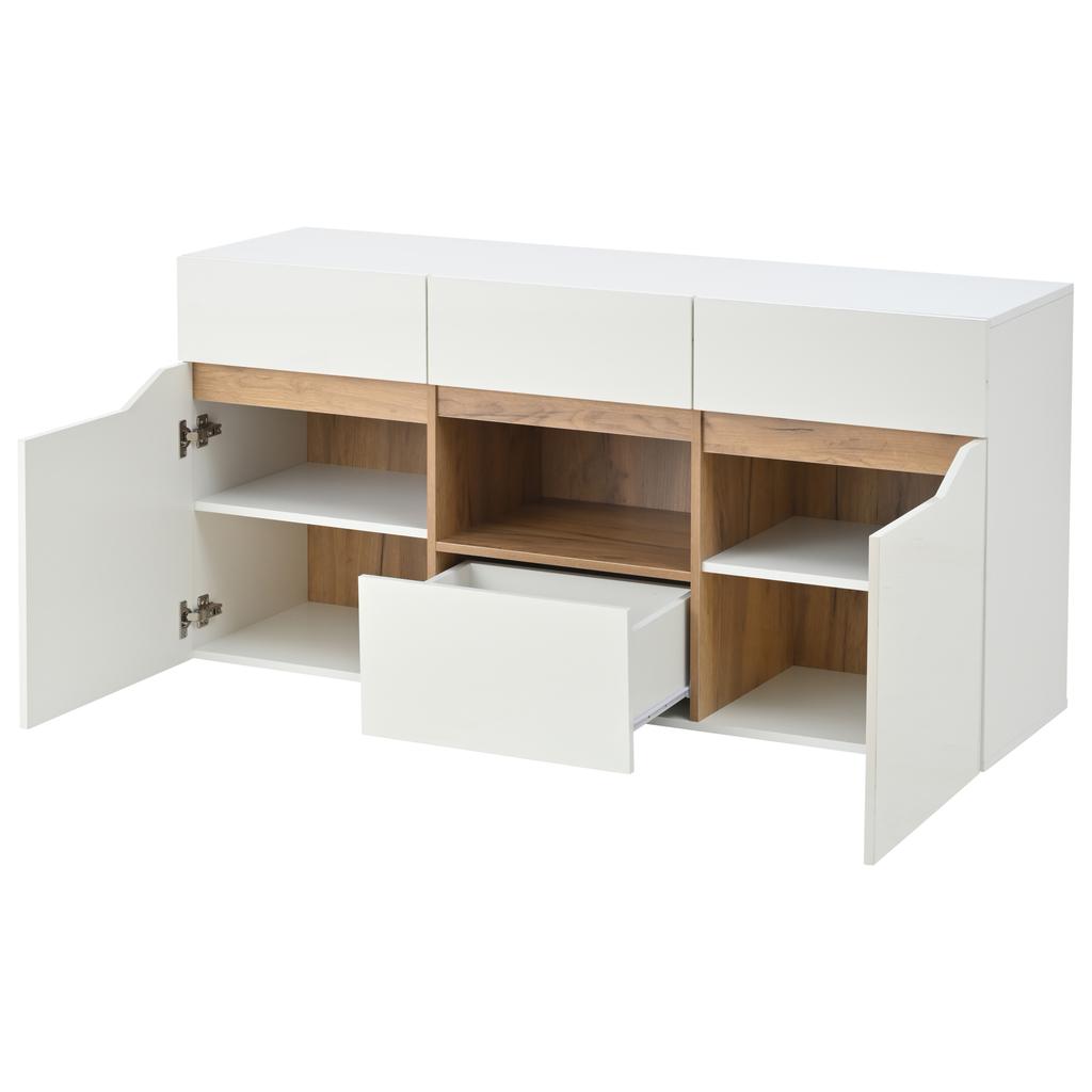 140*40*70cm Wohnzimmer Sideboard mit 4 Schubladen, Schrank mit zwei Fächern, Hochglanz Sofa Beistellschrank mit LED-Beleuchtung, Weiß + Holzfarbe