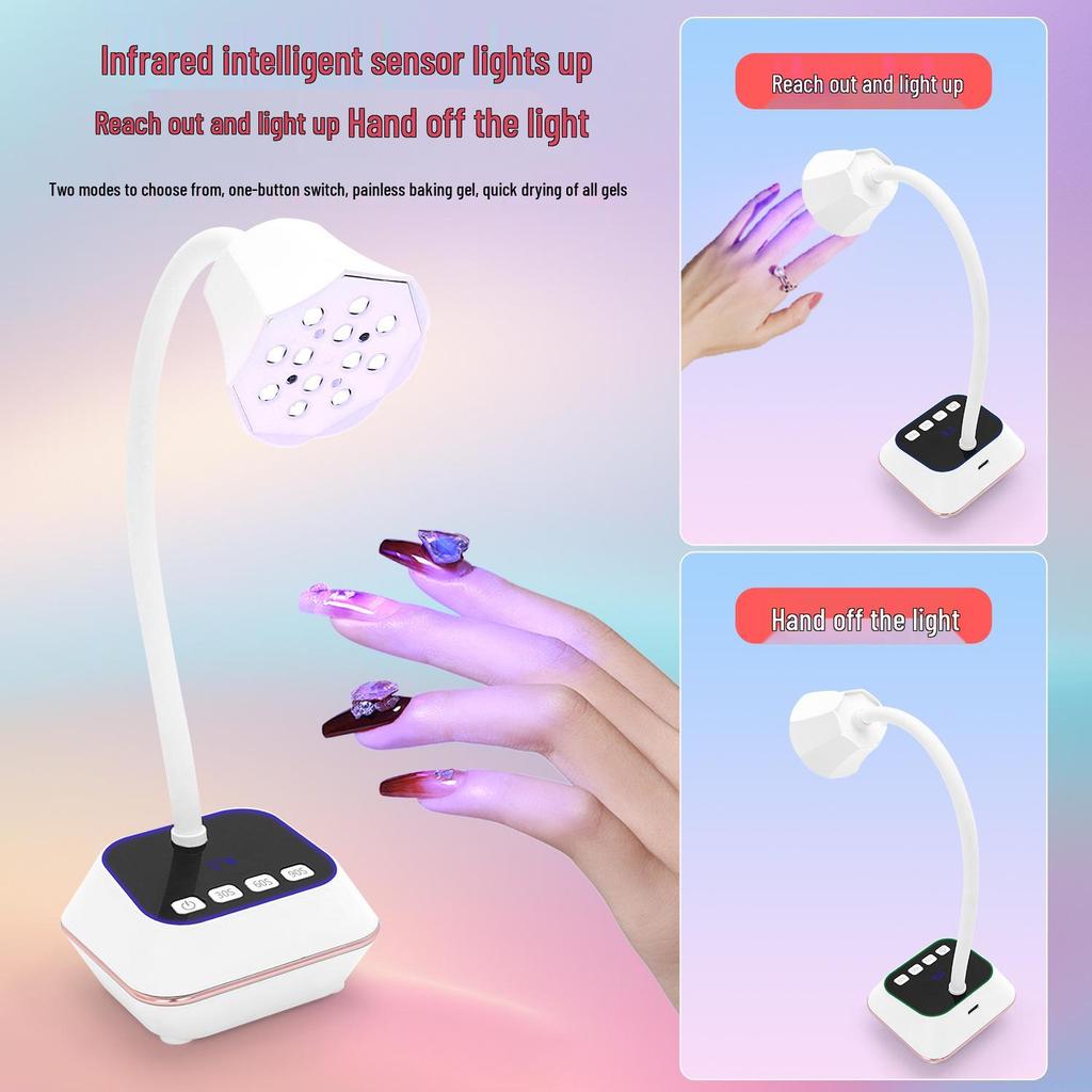 Smart Touchscreen Nail Art Lamp - Fast Dry, No Blackening, Desktop Rechargeable Phototherapy Gooseneck for Nail Tips.