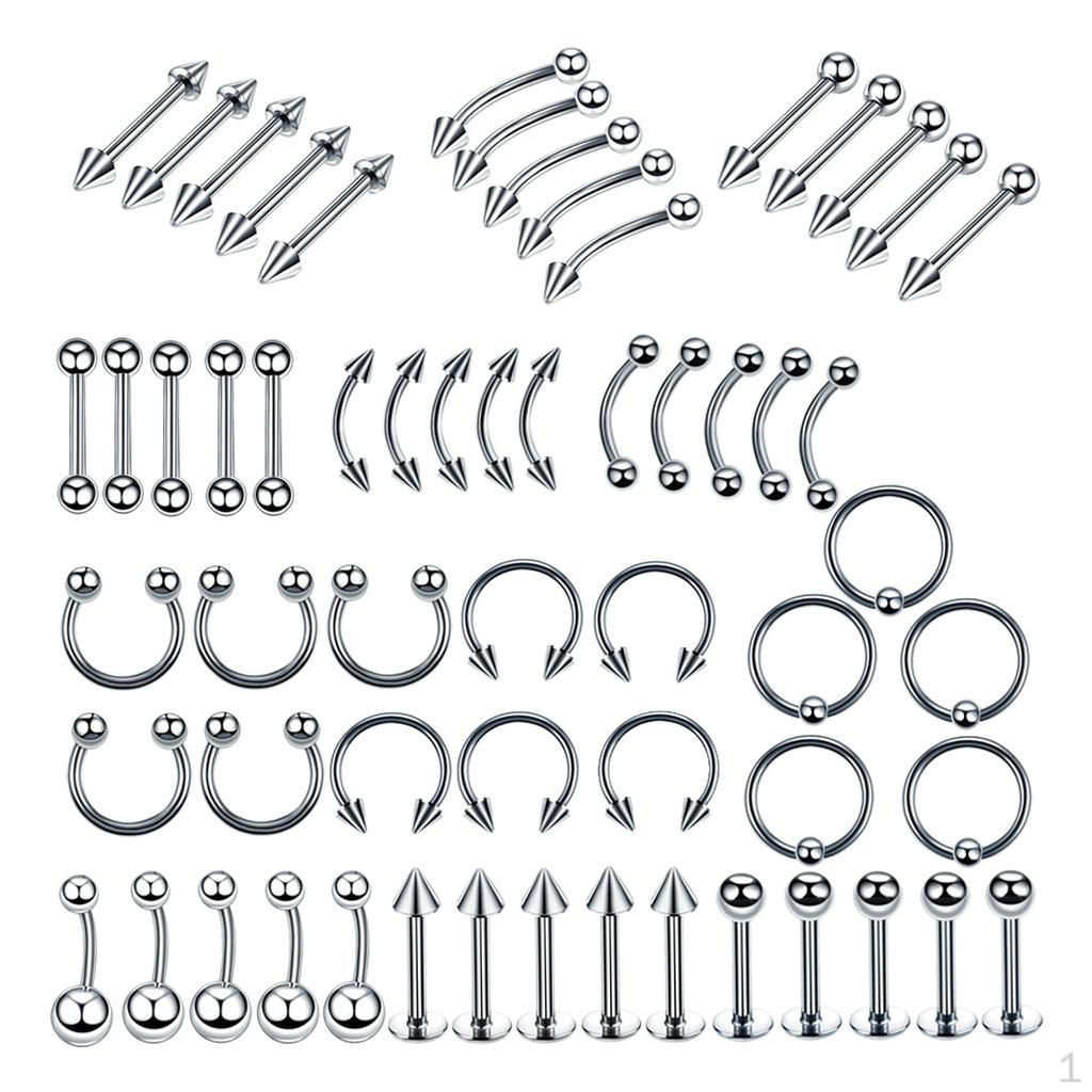 

60 Mixed Body Jewelry Set with 14G/16G Rings for Belly, , Lip, and Eyebrow 6mm