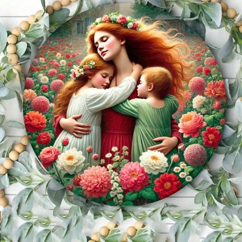 Mother and Child in Flower Embrace 3D Round Metal Wall Art for Living Room Modern