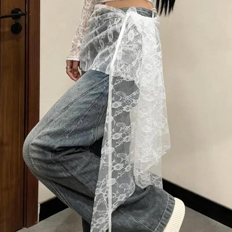 Korean Fashion Lace Trim Triangle Scarf Layering Essential Hem Skirt Curtain Mesh Waist Scarf Skirt Cover Women Summer Bohemian