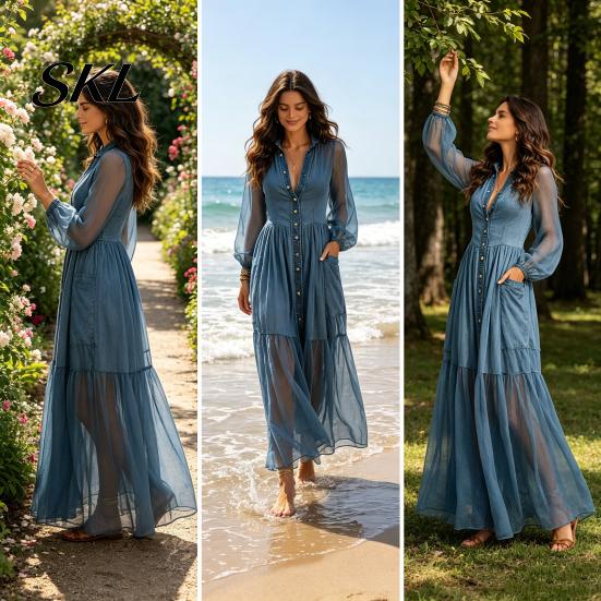 Beach Dress Women Faux Denim Maxi Dress, Mesh Patchwork Long Sleeve Button Simple Style Down Shirt Casual Loose Vintage Summer