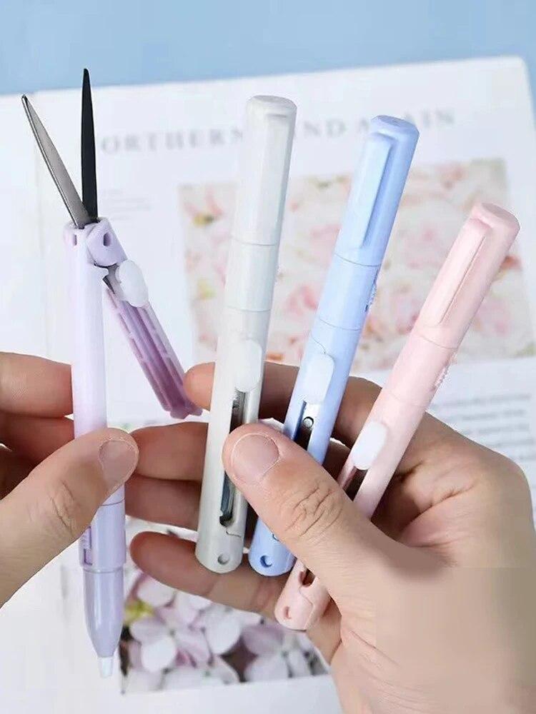1 st Mini Draagbare Schaar Papier Snijder Mes 2-in-1 Multifunctioneel Zakpen Vorm Scrapbooking Snijwerk Snij Gereedschap