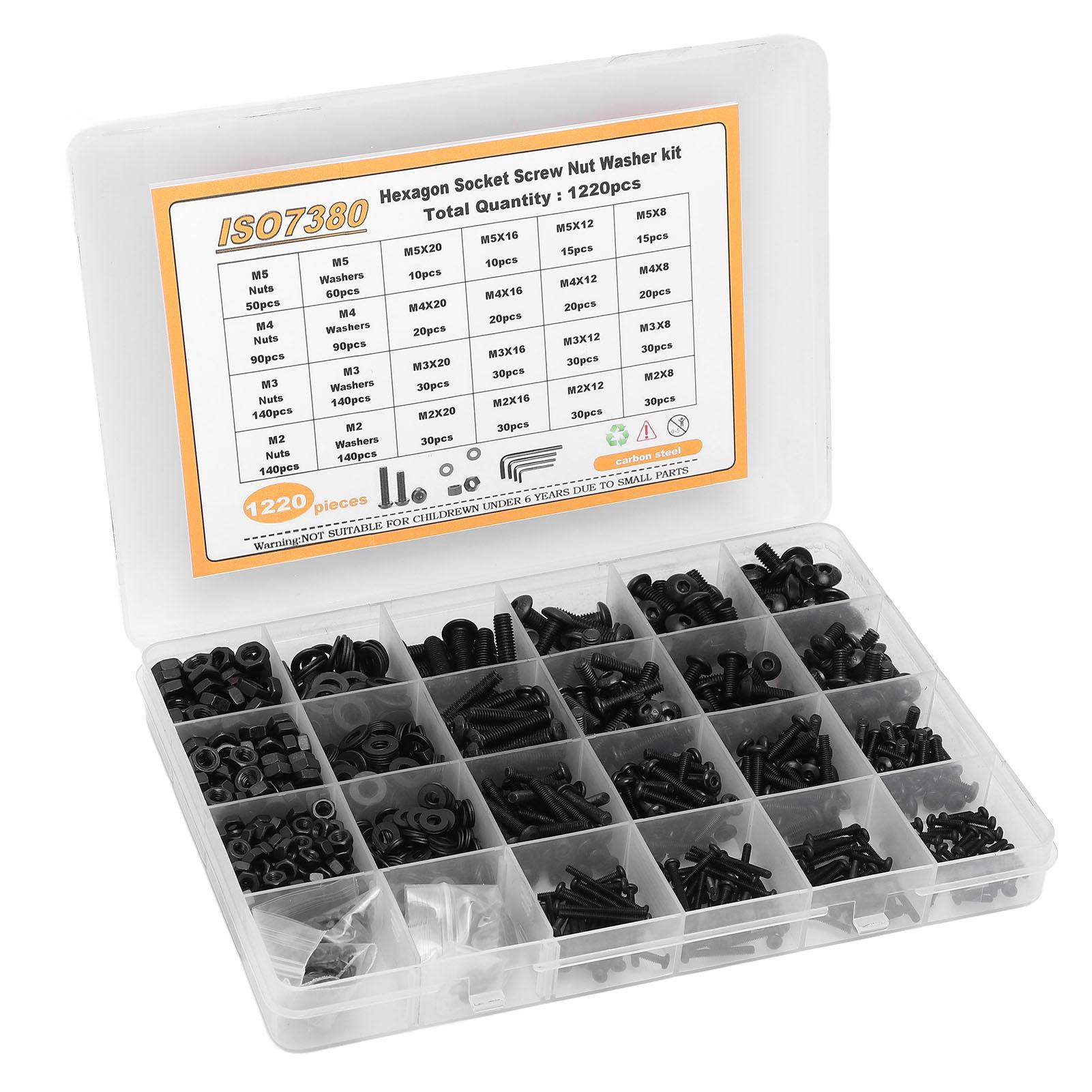

1220 Pcs Screw Nut Washer Kit Carbon Steel M2 M3 M4 M5 Half Round Head Hex Socket Screws Nuts