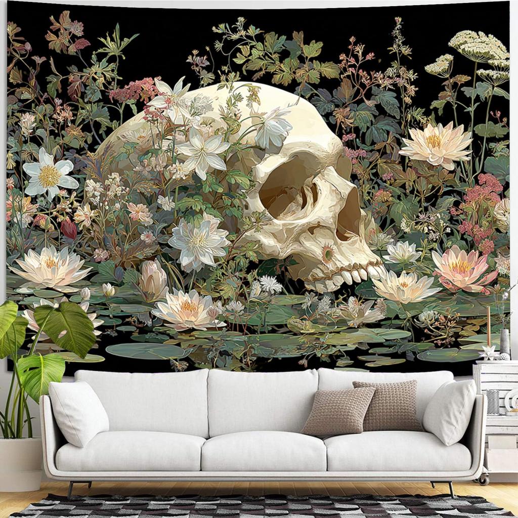 Gothic Skull Floral Tapestry Wall Hanging Bohemian Botanical Skeleton Art Decor Mural Backdrop for Bedroom Living Room