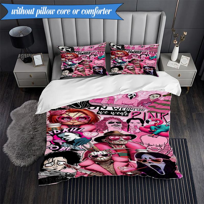 Horror Movie Characters 3pcs K-pop music group Bedding set,Ideal for Bedroom, Dormitory,Including Duvet Cover And 2pcs Pillowcases,Fan gifts