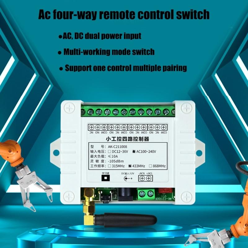 433Mhz Wireless Remote Control Switches 12V-36V/220V 4CH Receiver Module with 4-channel Remote Transmitter Set