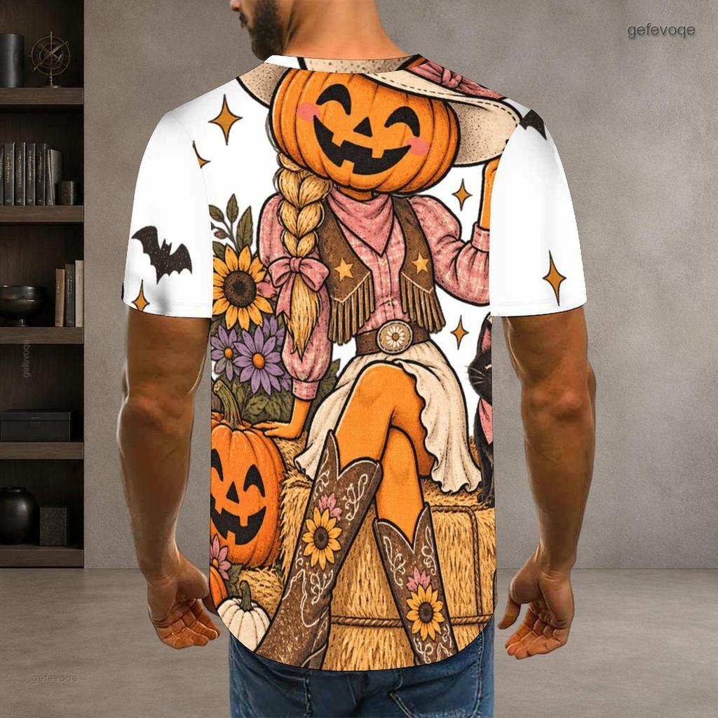 Men Plus Size Round Neck Short Sleeve T Shirt Halloween Panda Ghost Printed Casual Tee