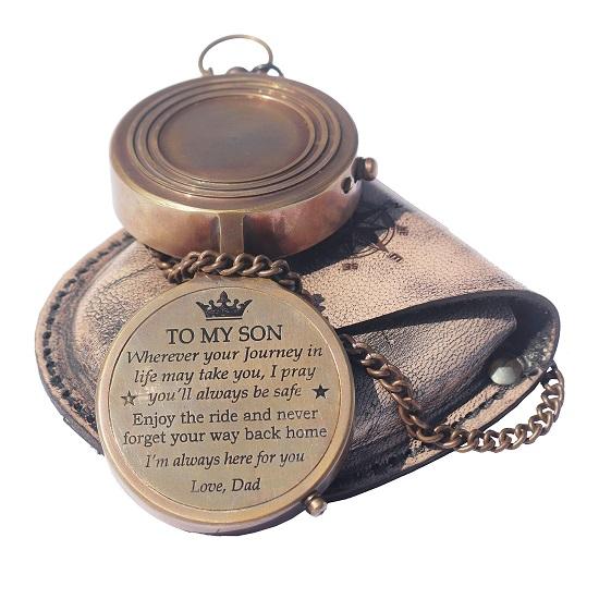 Brass Engrved Compass for Men, Pocket Compass with Leather Case, Handmade Religious Gift Idea for Graduation, Communion, Baptism (to My Son, Love Dad)
